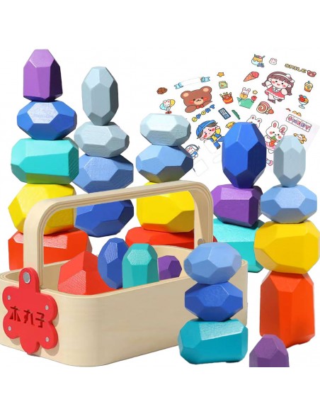 DREWNIANE KLOCKI KAMIENIE BALANSUJĄCE MONTESSORI BALANS W KOSZYKU NAKLEJKI