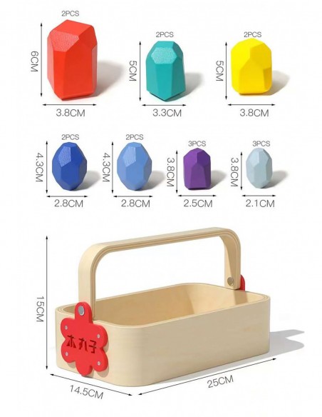 DREWNIANE KLOCKI KAMIENIE BALANSUJĄCE MONTESSORI BALANS W KOSZYKU NAKLEJKI