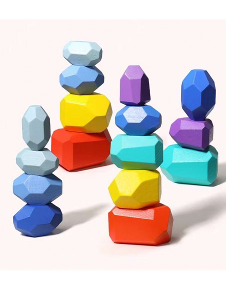 DREWNIANE KLOCKI KAMIENIE BALANSUJĄCE MONTESSORI BALANS W KOSZYKU NAKLEJKI