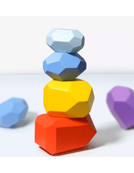 DREWNIANE KLOCKI KAMIENIE BALANSUJĄCE MONTESSORI BALANS W KOSZYKU NAKLEJKI