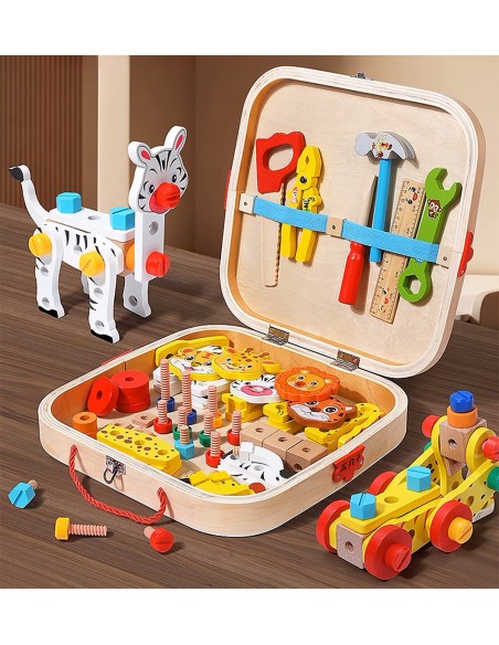 ZESTAW MAJSTERKOWICZA ZABAWA W WARSZTAT DREWNIANY SKRZYNKA NARZĘDZIA ZWIERZĘTA
