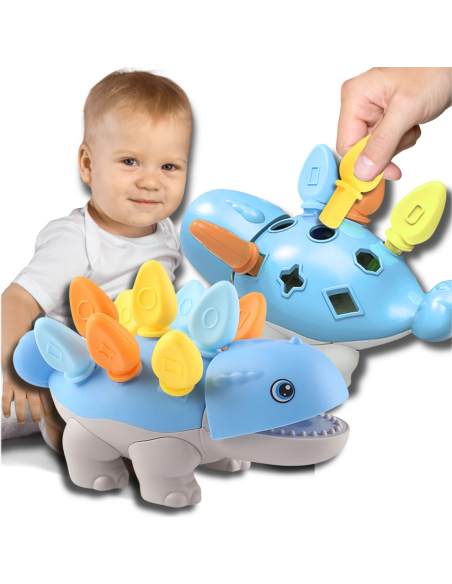 PUZZLE UKŁADANKA DOPASUJ KSZTAŁTY MONTESSORI KSZTAŁTY DINOZAUR SORTER NIEBIESKI