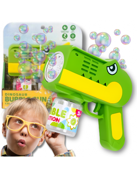 PISTOLET NA BAŃKI MYDLANE Aparat DO TWORZENIA BANIEK MYDLANYCH + PŁYN ZIELONY DINOZAUR