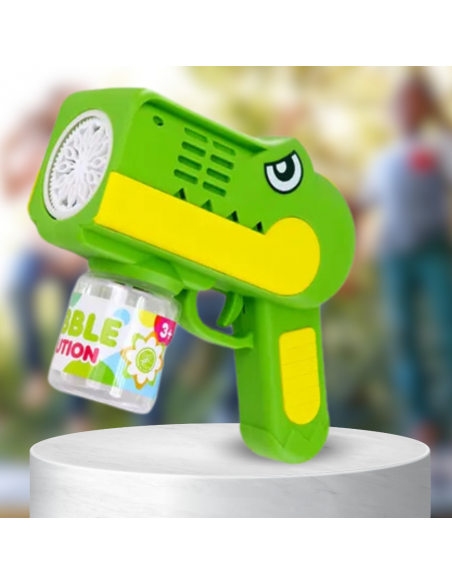 PISTOLET NA BAŃKI MYDLANE Aparat DO TWORZENIA BANIEK MYDLANYCH + PŁYN ZIELONY DINOZAUR