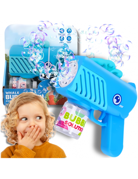 PISTOLET NA BAŃKI MYDLANE Aparat DO TWORZENIA BANIEK MYDLANYCH + PŁYN NIEBIESKI WIELORYB