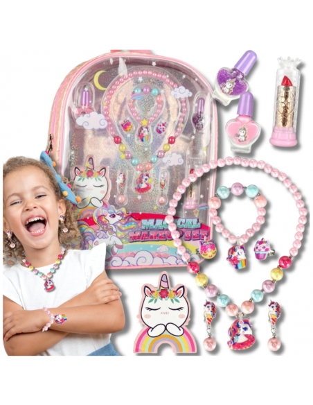 ZESTAW BIŻUTERI DLA DZIECI JEDNOROŻEC BRANSOLETKA NASZYJNIK PLECAK SZMINKA