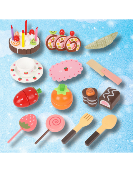 OGROMNY DREWNIANY ZESTAW SŁODKOŚCI CIASTO CUKIERNIA ZABAWKA DLA DZIECI TORT