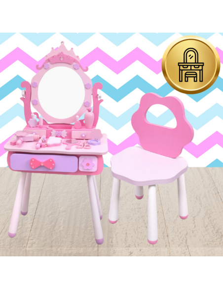 Duża drewniana toaletka z krzesłem dla dzieci zestaw akcesoria dla dziewczynki