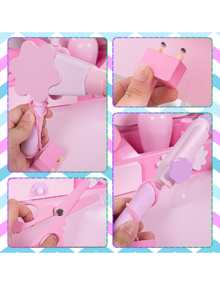 Duża drewniana toaletka z krzesłem dla dzieci zestaw akcesoria dla dziewczynki