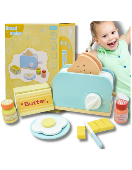 TOSTER OPIEKACZ DREWNIANY DUŻY ZESTAW ŚNIADANIOWY ZABAWKA DLA DZIECI AKCESORIA