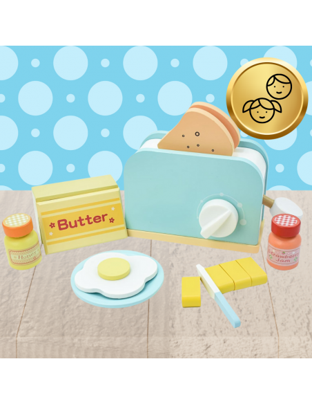 TOSTER OPIEKACZ DREWNIANY DUŻY ZESTAW ŚNIADANIOWY ZABAWKA DLA DZIECI AKCESORIA