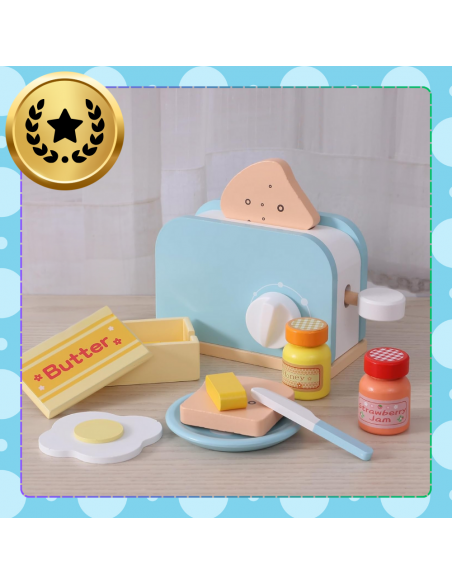 TOSTER OPIEKACZ DREWNIANY DUŻY ZESTAW ŚNIADANIOWY ZABAWKA DLA DZIECI AKCESORIA
