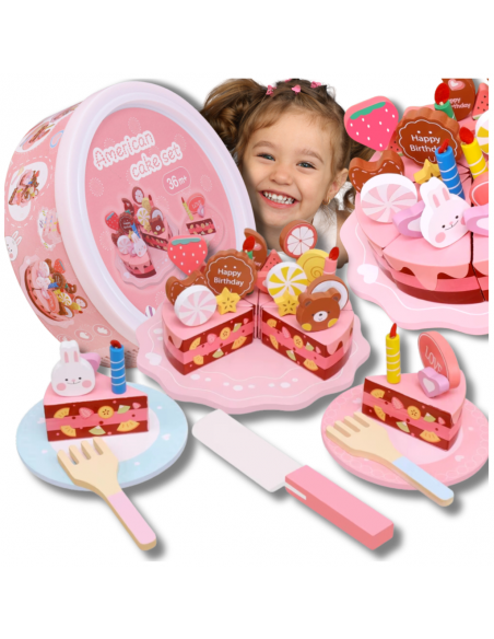 DREWNIANY TORT CIASTO DO KROJENIA DUŻY ZESTAW DLA DZIECI Z AKCESORIAM