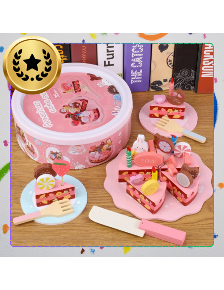 DREWNIANY TORT CIASTO DO KROJENIA DUŻY ZESTAW DLA DZIECI Z AKCESORIAM