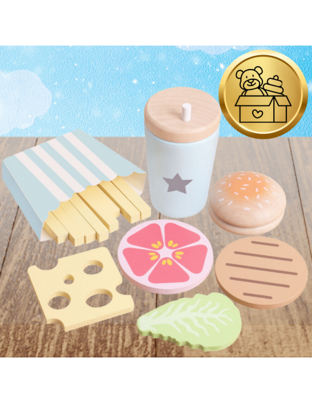 Drewniany Duży Zestaw Hamburger dla Dzieci Zabawka Edukacyjna Frytki Napój