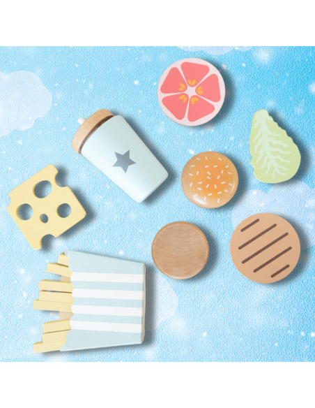 Drewniany Duży Zestaw Hamburger dla Dzieci Zabawka Edukacyjna Frytki Napój