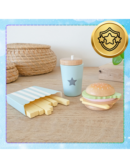 Drewniany Duży Zestaw Hamburger dla Dzieci Zabawka Edukacyjna Frytki Napój
