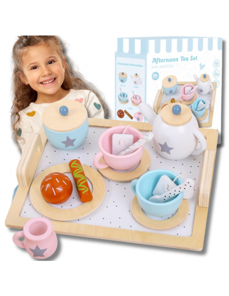 DUŻY ZESTAW DO HERBATY KAWY DLA DZIECI DREWNIANY SERWIS KAWOWY DO ZABAWY