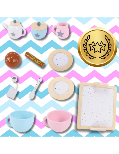 DUŻY ZESTAW DO HERBATY KAWY DLA DZIECI DREWNIANY SERWIS KAWOWY DO ZABAWY