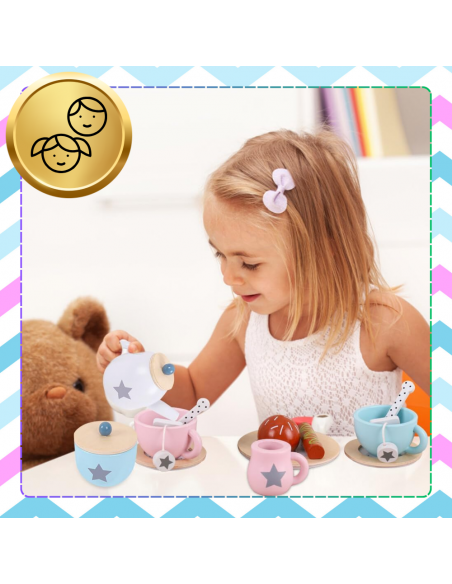 DUŻY ZESTAW DO HERBATY KAWY DLA DZIECI DREWNIANY SERWIS KAWOWY DO ZABAWY