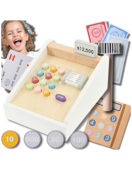 Drewniana Kasa Fiskalna Sklepowa Dla Dzieci z Pieniędzmi Kartą Czytnikiem Zabawka Edukacyjna