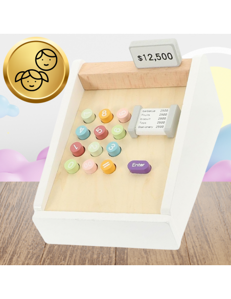 Drewniana Kasa Fiskalna Sklepowa Dla Dzieci z Pieniędzmi Kartą Czytnikiem Zabawka Edukacyjna