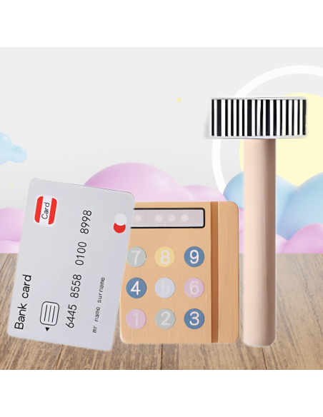 Drewniana Kasa Fiskalna Sklepowa Dla Dzieci z Pieniędzmi Kartą Czytnikiem Zabawka Edukacyjna