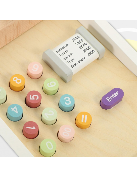 Drewniana Kasa Fiskalna Sklepowa Dla Dzieci z Pieniędzmi Kartą Czytnikiem Zabawka Edukacyjna