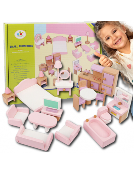 DREWNIANE MEBELKI DLA LALEK 22 EL ZESTAW DO ZABAWY DLA DZIECI DO DOMKU