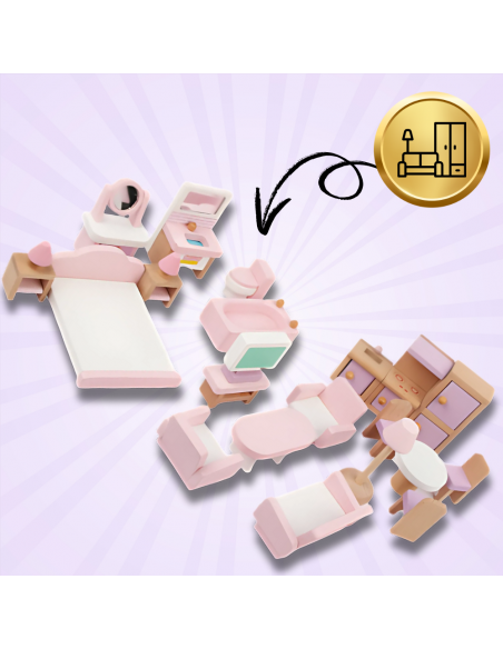 DREWNIANE MEBELKI DLA LALEK 22 EL ZESTAW DO ZABAWY DLA DZIECI DO DOMKU