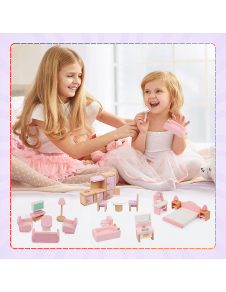DREWNIANE MEBELKI DLA LALEK 22 EL ZESTAW DO ZABAWY DLA DZIECI DO DOMKU