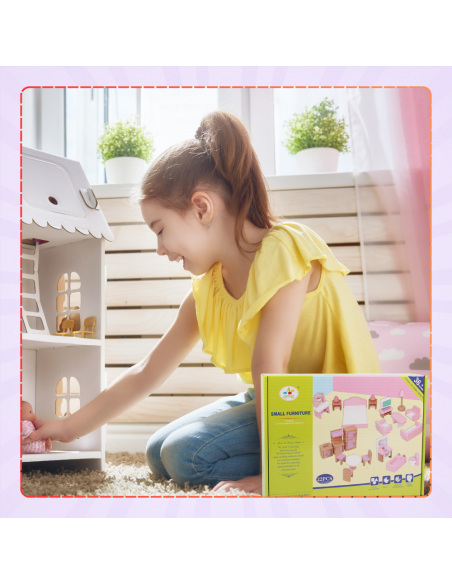 DREWNIANE MEBELKI DLA LALEK 22 EL ZESTAW DO ZABAWY DLA DZIECI DO DOMKU