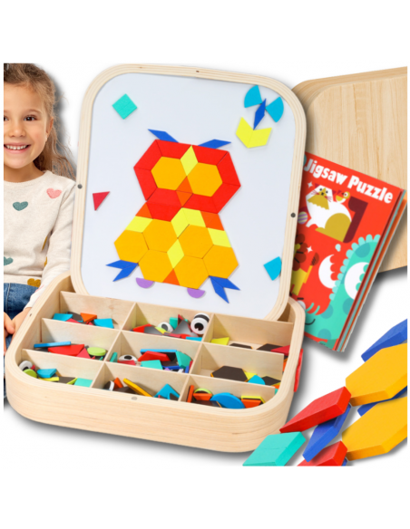 DREWNIANA SKRZYNKA Z MAGNETYCZNĄ MOZAIKĄ MONTESSORI KREATYWNA ZABAWA DLA DZIECI