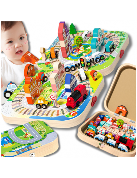 DREWNIANE KLOCKI EDUKACYJNE MIASTO LOKOMOTYWA ZESTAW SKRZYNKA DLA DZIECI