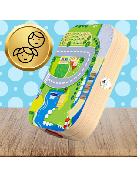 DREWNIANE KLOCKI EDUKACYJNE MIASTO LOKOMOTYWA ZESTAW SKRZYNKA DLA DZIECI