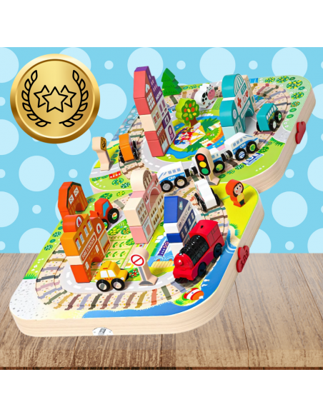 DREWNIANE KLOCKI EDUKACYJNE MIASTO LOKOMOTYWA ZESTAW SKRZYNKA DLA DZIECI