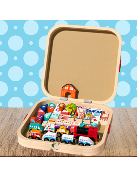 DREWNIANE KLOCKI EDUKACYJNE MIASTO LOKOMOTYWA ZESTAW SKRZYNKA DLA DZIECI
