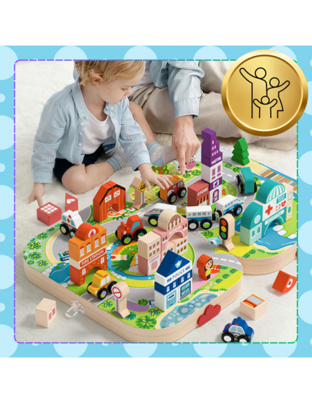 DREWNIANE KLOCKI EDUKACYJNE MIASTO LOKOMOTYWA ZESTAW SKRZYNKA DLA DZIECI