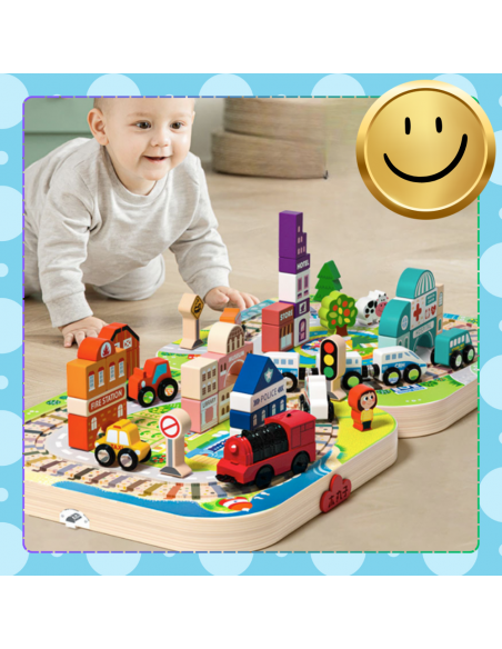 DREWNIANE KLOCKI EDUKACYJNE MIASTO LOKOMOTYWA ZESTAW SKRZYNKA DLA DZIECI