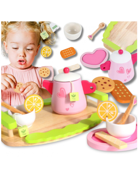 DREWNIANY SERWIS DO HERBATY DLA DZIECI DUŻY ZESTAW DO KREATYWNEJ ZABAWY