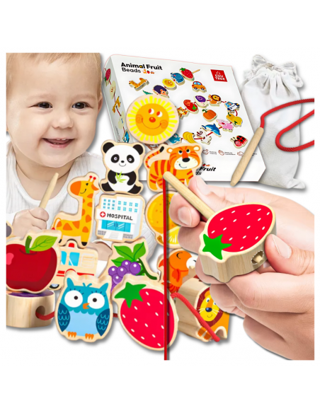 KORALIKI KLOCKI DREWNIANE DO NAWLEKANIA MONTESSORI 42 EL. ALFABET ZWIERZĘTA OWOCE