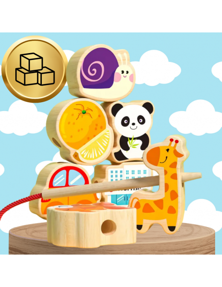 KORALIKI KLOCKI DREWNIANE DO NAWLEKANIA MONTESSORI 42 EL. ALFABET ZWIERZĘTA OWOCE