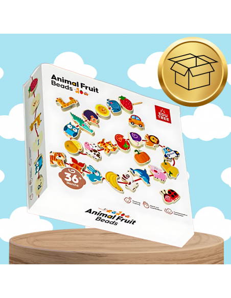 KORALIKI KLOCKI DREWNIANE DO NAWLEKANIA MONTESSORI 42 EL. ALFABET ZWIERZĘTA OWOCE