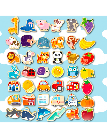 KORALIKI KLOCKI DREWNIANE DO NAWLEKANIA MONTESSORI 42 EL. ALFABET ZWIERZĘTA OWOCE