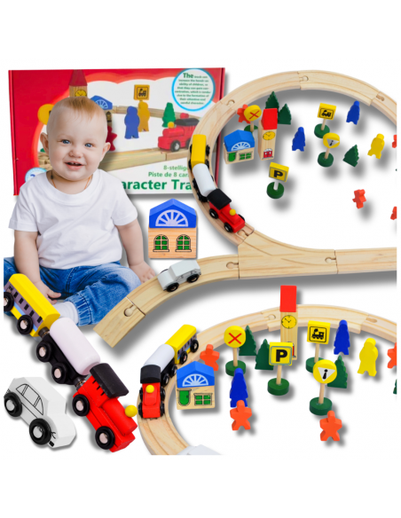 DREWNIANA KOLEJKA TOR POCIAG 48 el. MIASTO ZNAKI POCIĄG NA MAGNES TORY 240cm