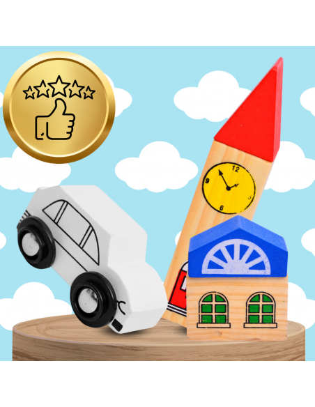 DREWNIANA KOLEJKA TOR POCIAG 48 el. MIASTO ZNAKI POCIĄG NA MAGNES TORY 240cm