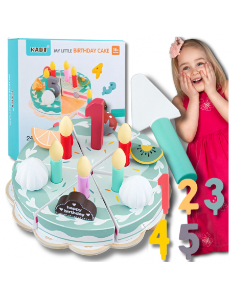 DREWNIANY TORT CIASTO DO KROJENIA DUŻY ZESTAW DLA DZIECI Z AKCESORIAM