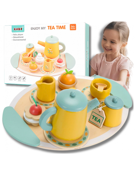 DUŻY ZESTAW DO HERBATY KAWY DLA DZIECI DREWNIANY SERWIS KAWOWY DO ZABAWY