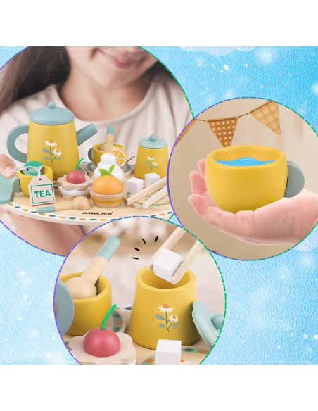 DUŻY ZESTAW DO HERBATY KAWY DLA DZIECI DREWNIANY SERWIS KAWOWY DO ZABAWY