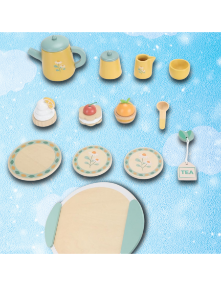 DUŻY ZESTAW DO HERBATY KAWY DLA DZIECI DREWNIANY SERWIS KAWOWY DO ZABAWY